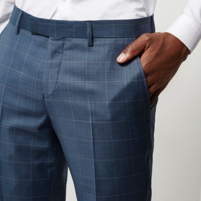 Blue check slim suit trousers